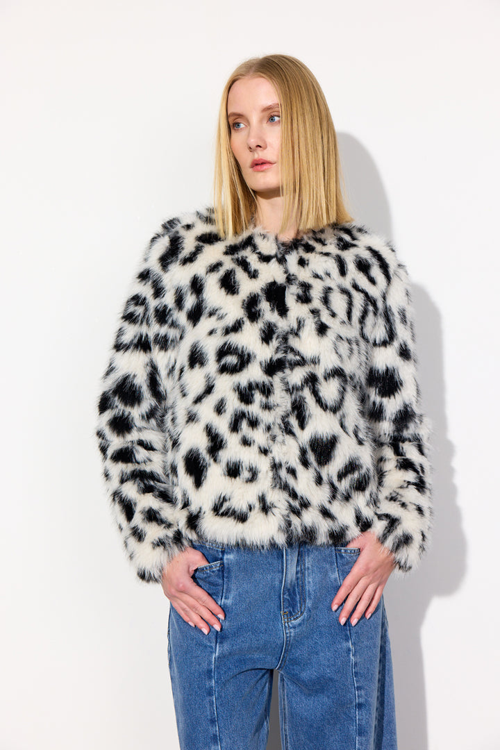 Snow Leopard Short Faux Fur Leopard Print Jacket Faux Fur Printed