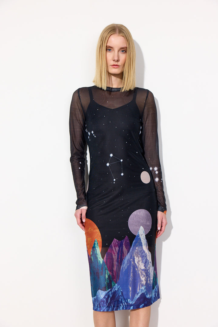 HUNKØN Annika Mesh Dress Dresses Outer Space Art Print