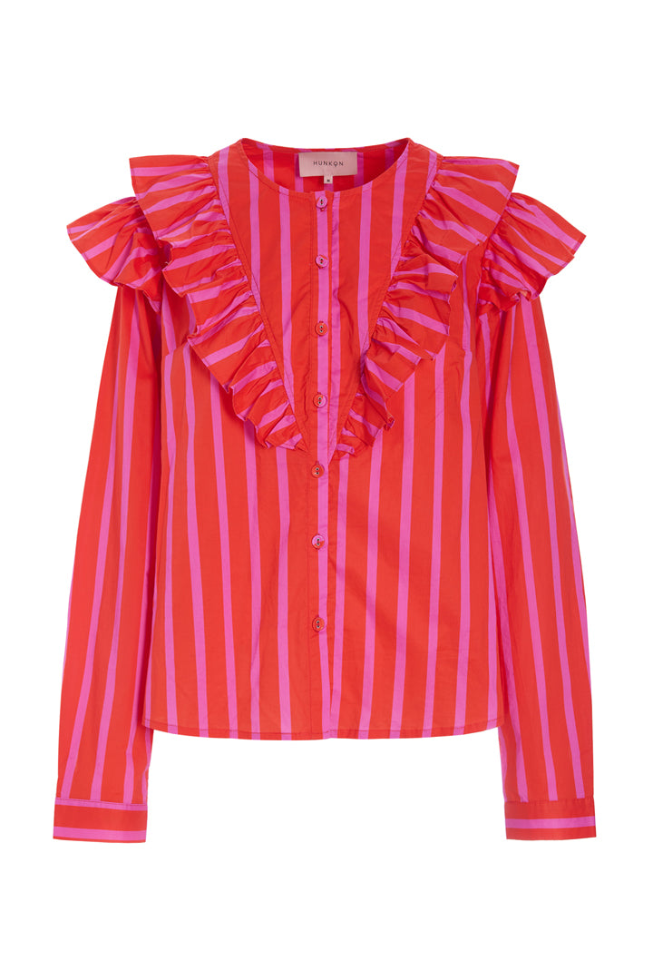 HUNKØN Lucinda Ruffle Shirt Shirts Red Striped