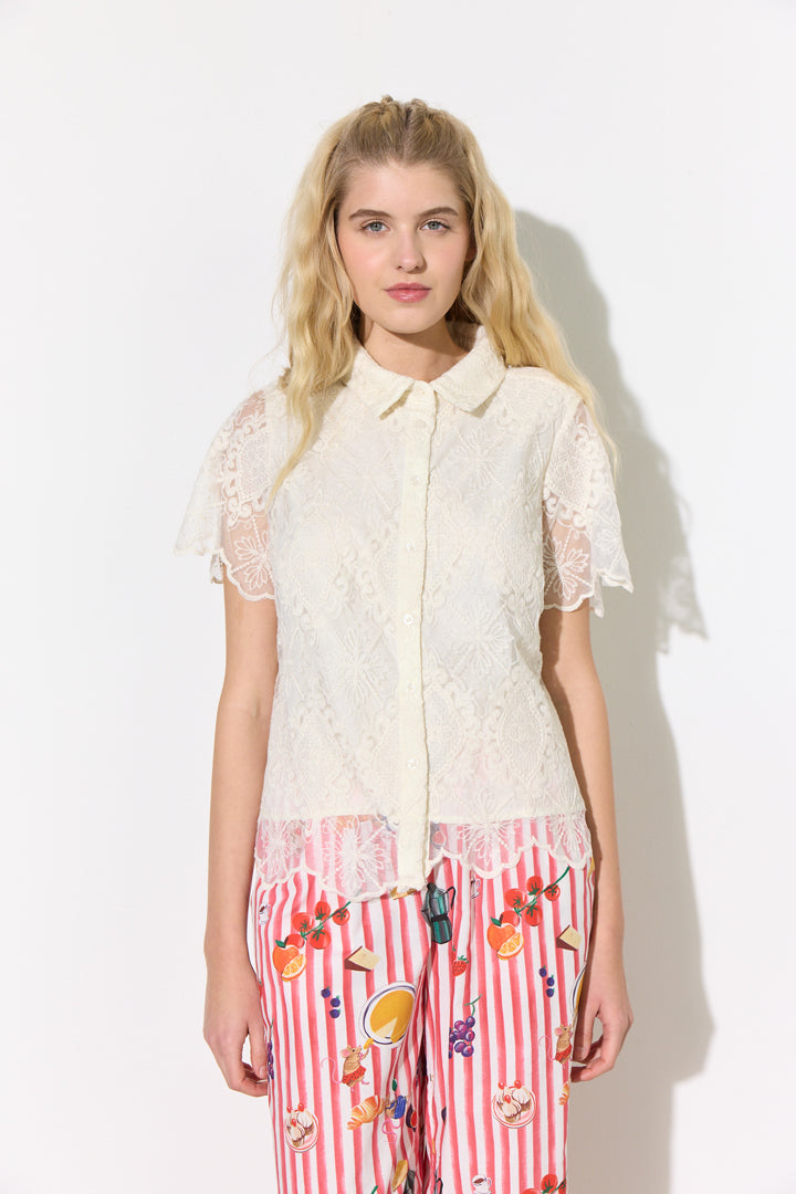 HUNKØN Lulu Short Lace Shirt Shirts Cream Lace