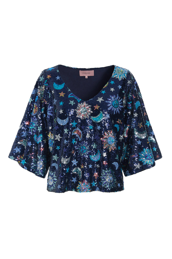 HUNKØN Muna Sequin Top Tops Navy Glitter