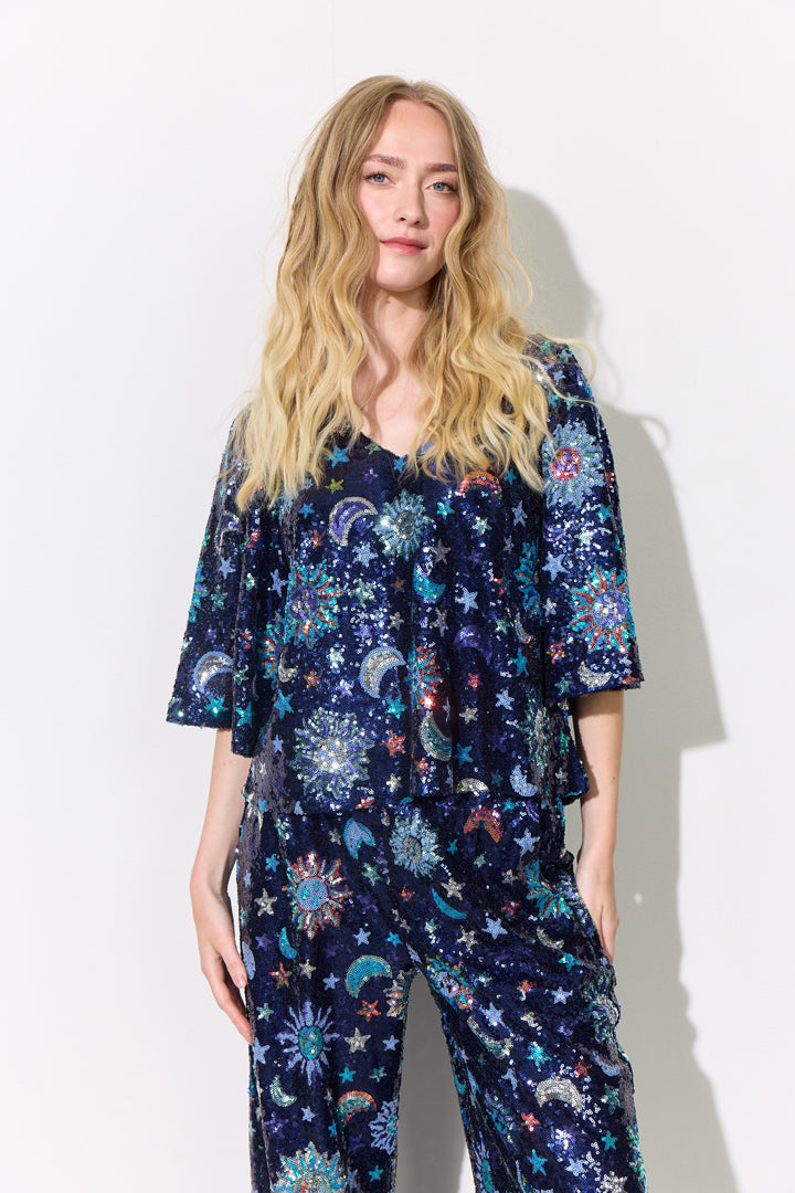 HUNKØN Muna Sequin Top Tops Navy Glitter