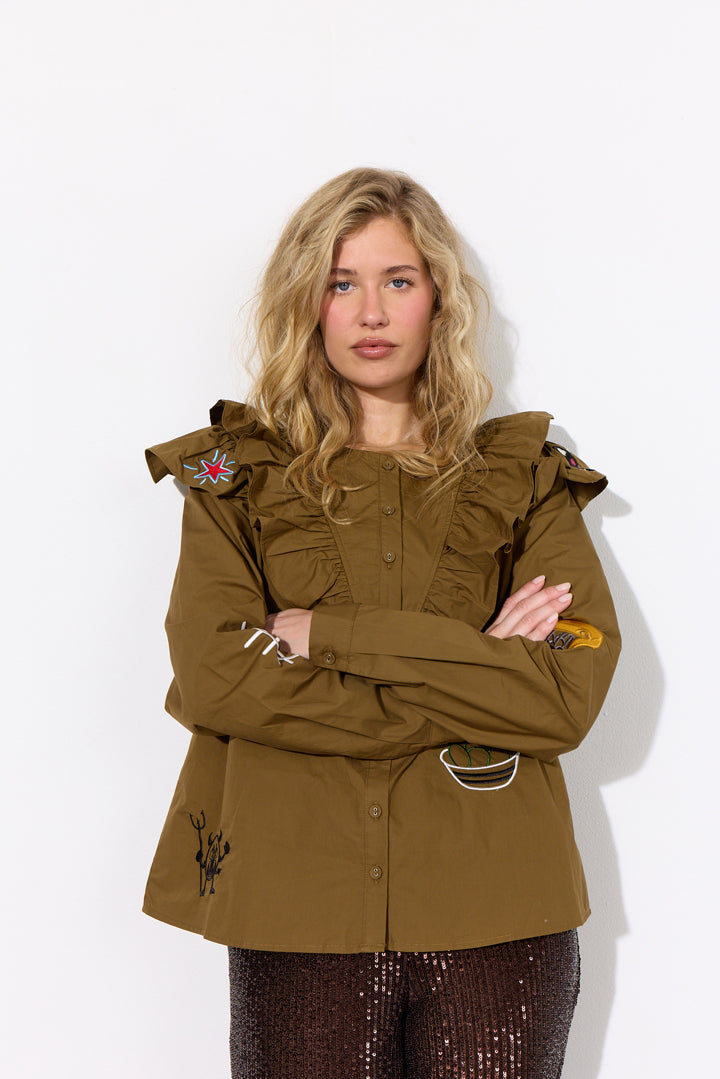 HUNKØN Nola Ruffle Shirt Shirts Olive