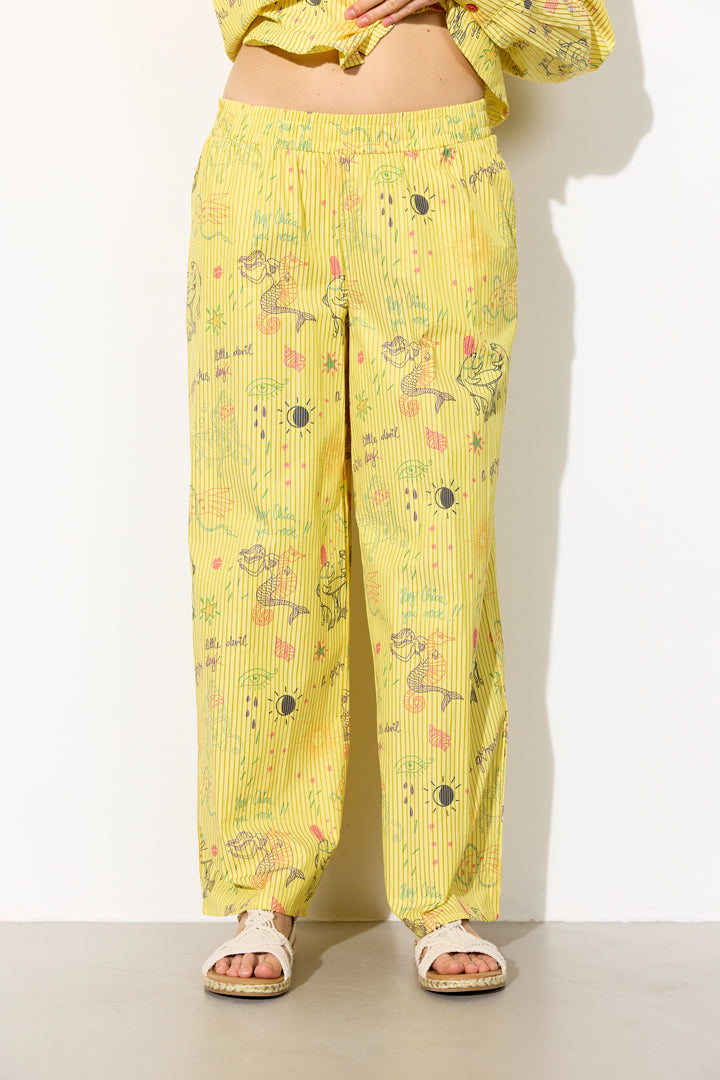 HUNKØN Zoe Trousers Trousers Yellow Sea Creatures Art Print