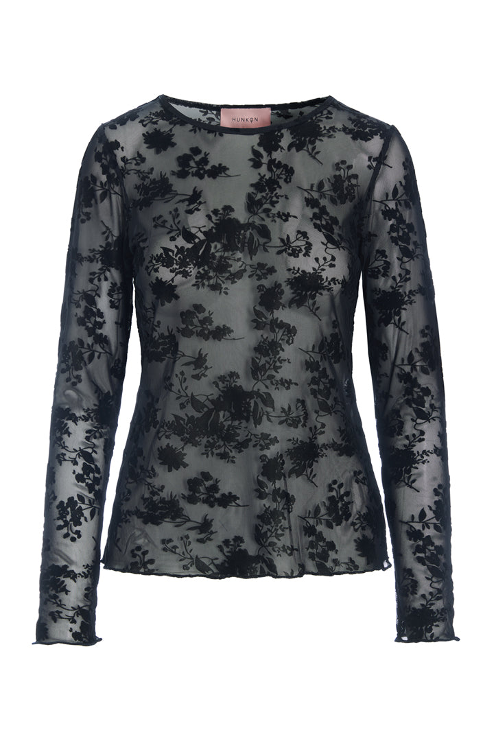 HUNKØN Henry Mesh Blouse Blouses Black Floral