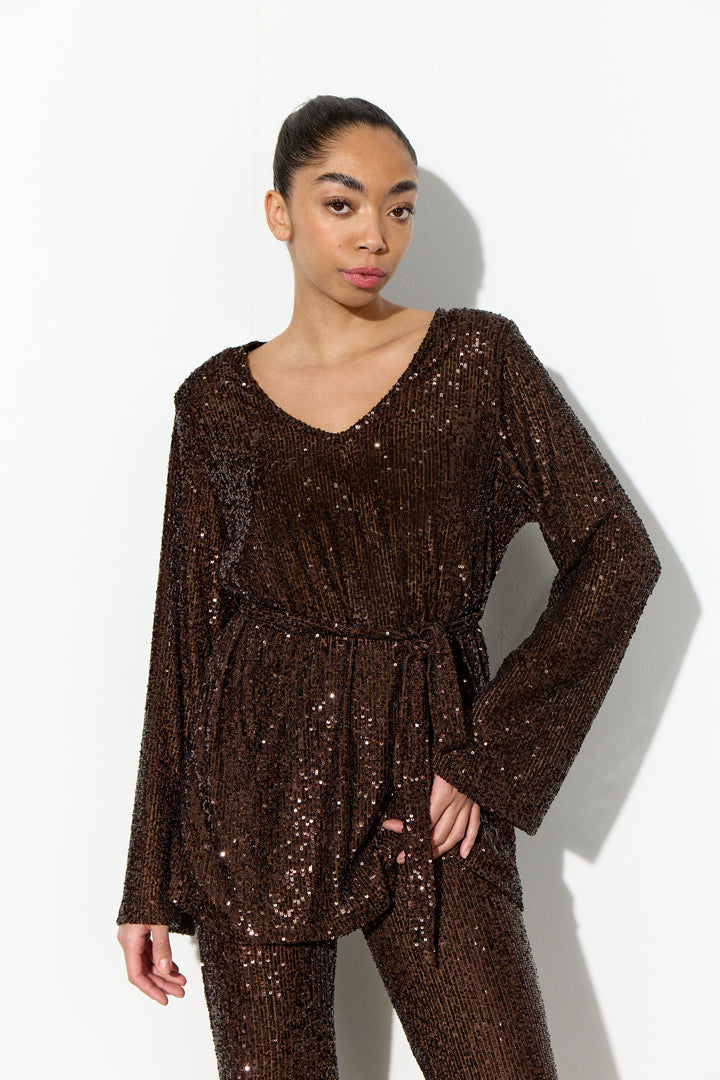 HUNKØN Jona Sequin Blouse Blouses Chestnut