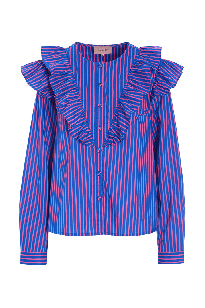 HUNKØN Lucinda Ruffle Shirt Shirts Blue Striped