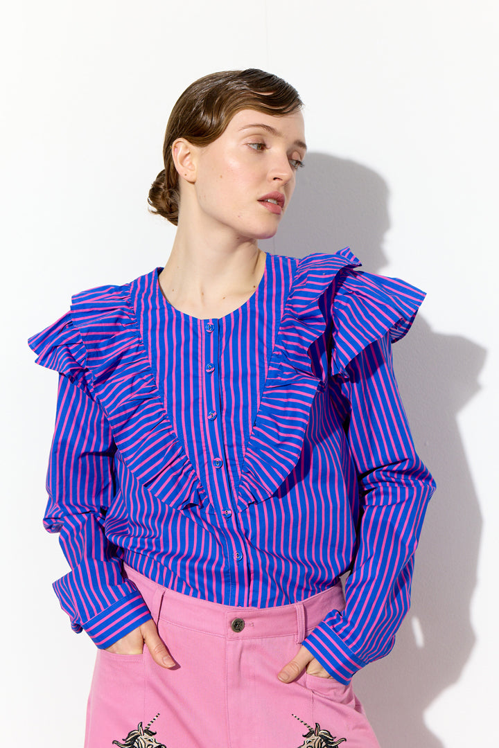HUNKØN Lucinda Ruffle Shirt Shirts Blue Striped