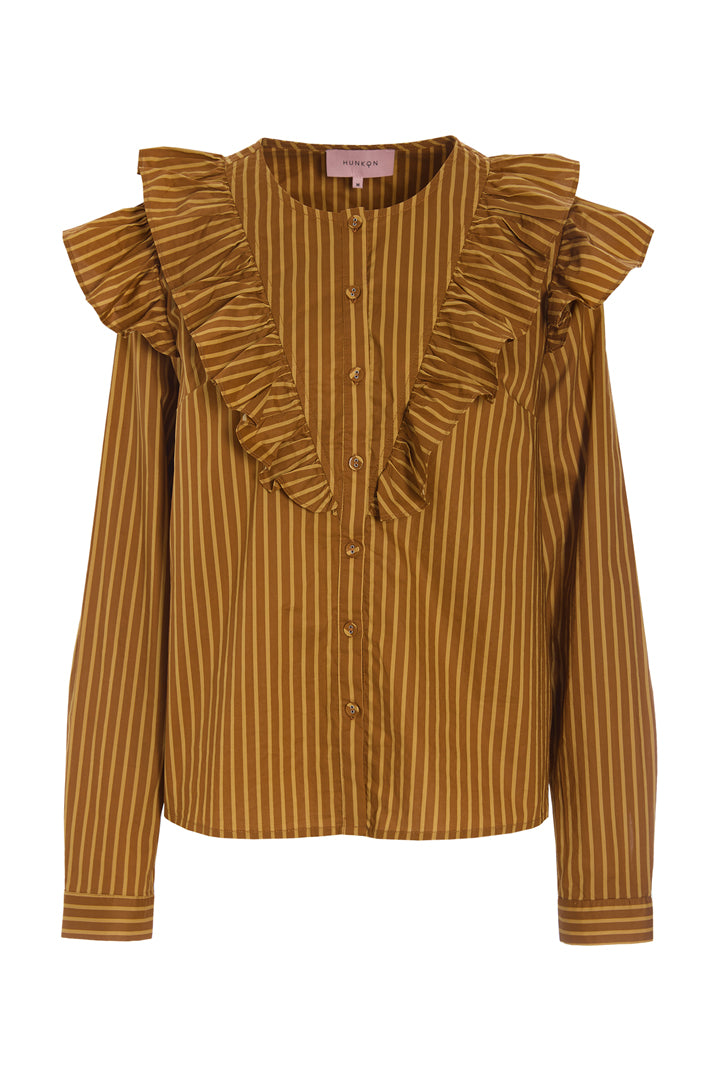 HUNKØN Lucinda Ruffle Shirt Shirts Caramel Striped