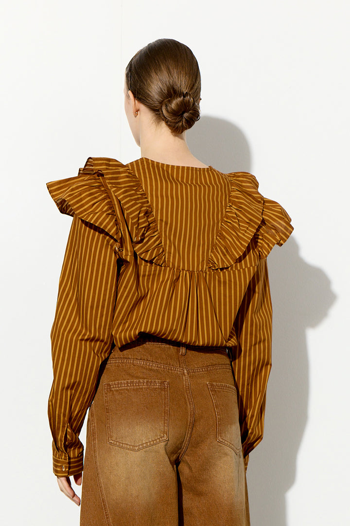 HUNKØN Lucinda Ruffle Shirt Shirts Caramel Striped