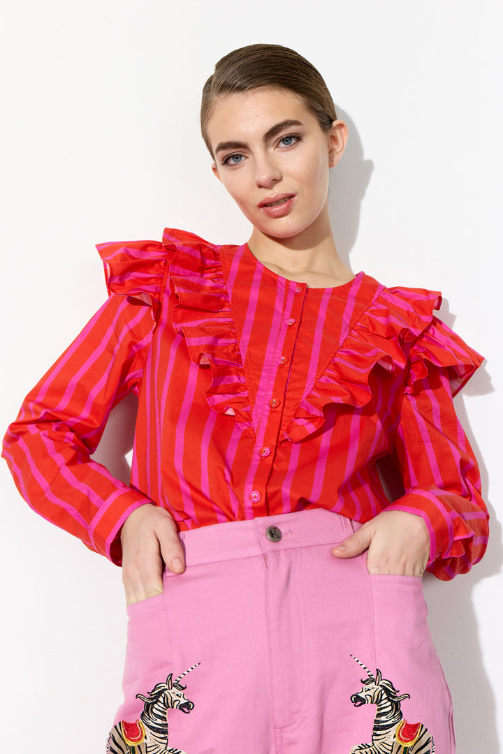 HUNKØN Lucinda Ruffle Shirt Shirts Red Striped