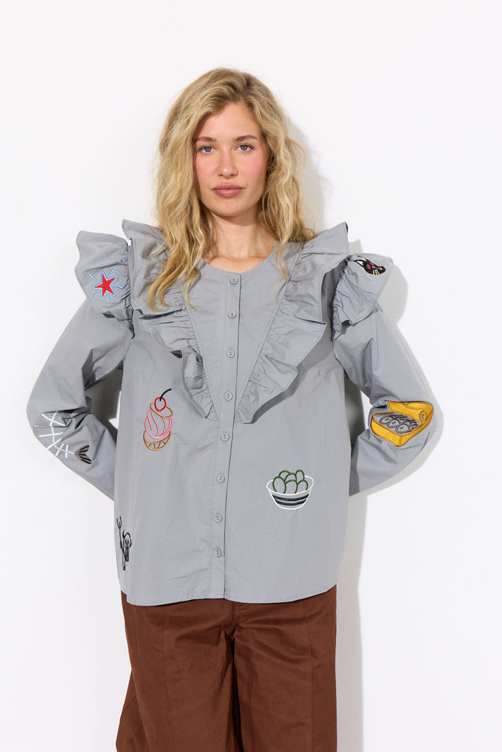 HUNKØN Nola Ruffle Shirt Shirts Grey