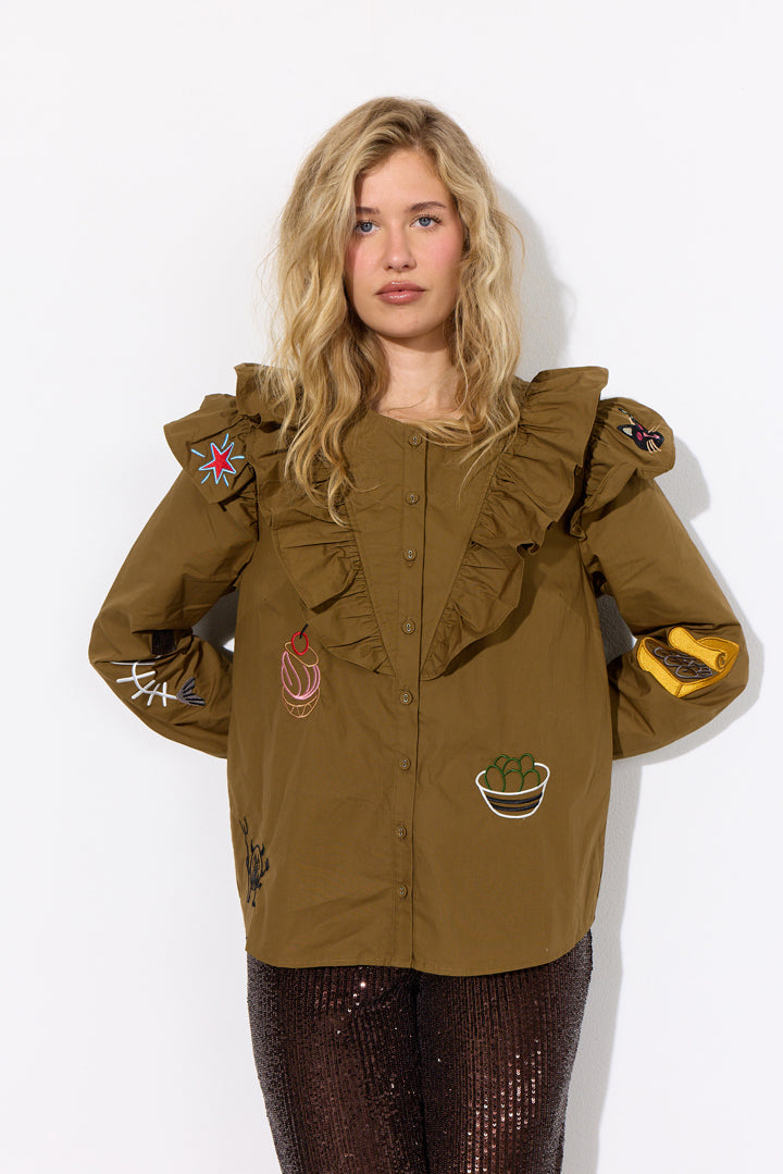 HUNKØN Nola Ruffle Shirt Shirts Olive